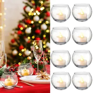 6Pcs Round Votive Candle Holders Glass Tealight Candle Holder Cup with LED Candles for Valentine's Day, Birthday Wedding Decor