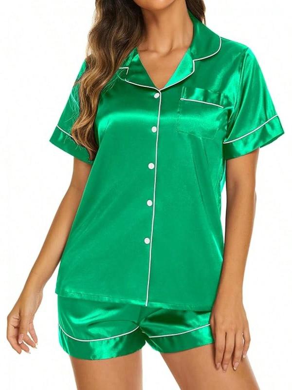 Silk Pajama Sets Womens 2 Pieces Short Sleeve Sleepwear Soft Button Down Loungewear Satin Pjs Shorts Lounge Set S XXL - Green