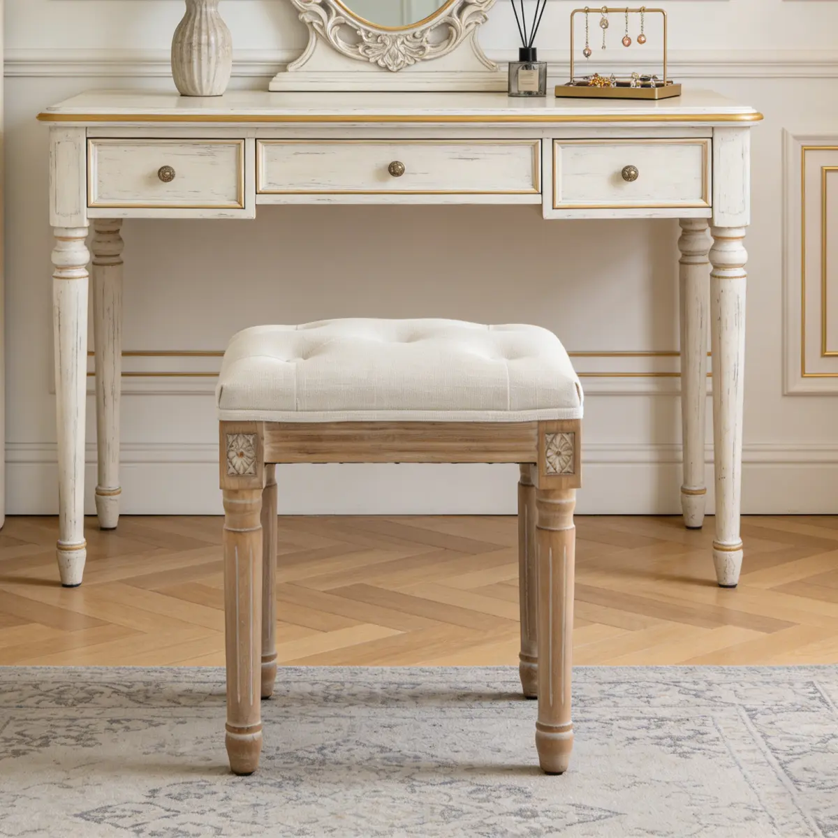 Tufted Vanity Stool with Linen Upholstery & Carved Solid Wood Legs, Dressing Bench for Bedroom, Beige   WL