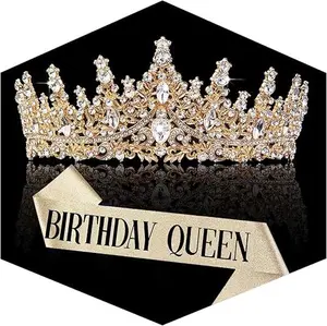 2 pcs Gold Rhinestone Crown with Birth Sash Crystal Princess Tiaras Queen Headband Girls Princess Crowns for Women Wedding Birthday Prom Beauty & Personal Care