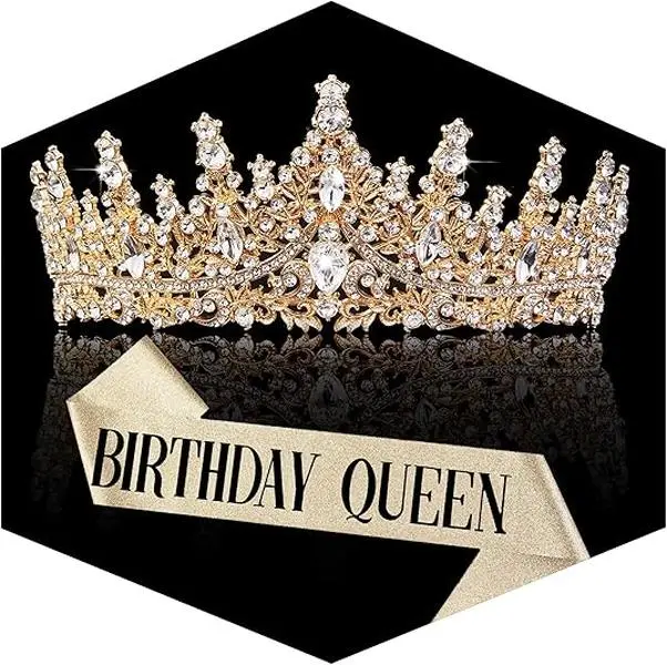 Women's 2-Piece Gold Rhinestone Sparkle Birthday Tiara & 'Birthday Queen' Sash Set, Princess Look Hair Styling Accessories with Round Hole Pins, 1 Size Fit Hair Pin Set for Party Use, Crystal, Glamorous, Luxury, Tiara Headband, One Size Fits
