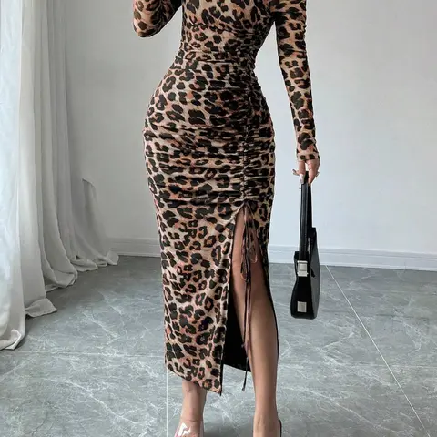 Women's Leopard Print Ruched Drawstring Split Thigh Slit Hem Longsleeves Bodycon Dress, Fitted Bodycon Dress, Asymmetrical Neck Long Sleeve Dress for Party Club Dating Wear, Dress for Spring Fall, Elegant Fit Dress, Ruched Design Dress