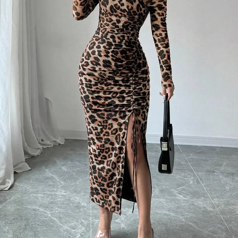 Women's Leopard Print Ruched Drawstring Split Thigh Slit Hem Longsleeves Bodycon Dress, Fitted Bodycon Dress, Asymmetrical Neck Long Sleeve Dress for Party Club Dating Wear, Dress for Spring Fall, Elegant Fit Dress, Ruched Design Dress