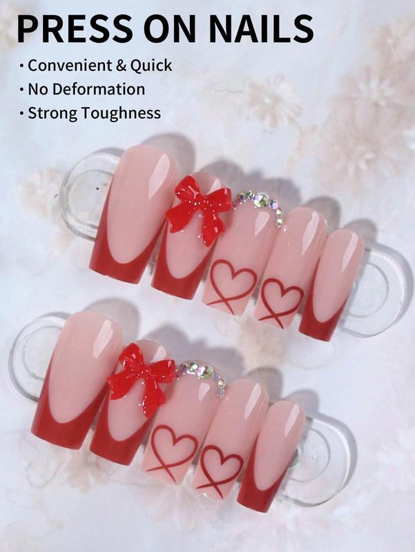 24pcs/Set Acrylic Press-On Nails, Heart Pattern, Red French, Rhinestone Bow Design, Long Coffin Shape, Perfect Fit Fake Nails, Includes 1pc Jelly Gel And 1pc Nail File, French Manicure, Suitable For Women And Girls, Daily And Party Nail Accessories