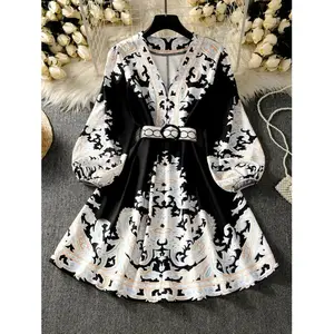 Multi-Color Paisley Print V-Neck Puff Sleeve Decorative Belt Mini Dress (Various Color Options) | Retro Elegant Casual Brunch/Date Outfit