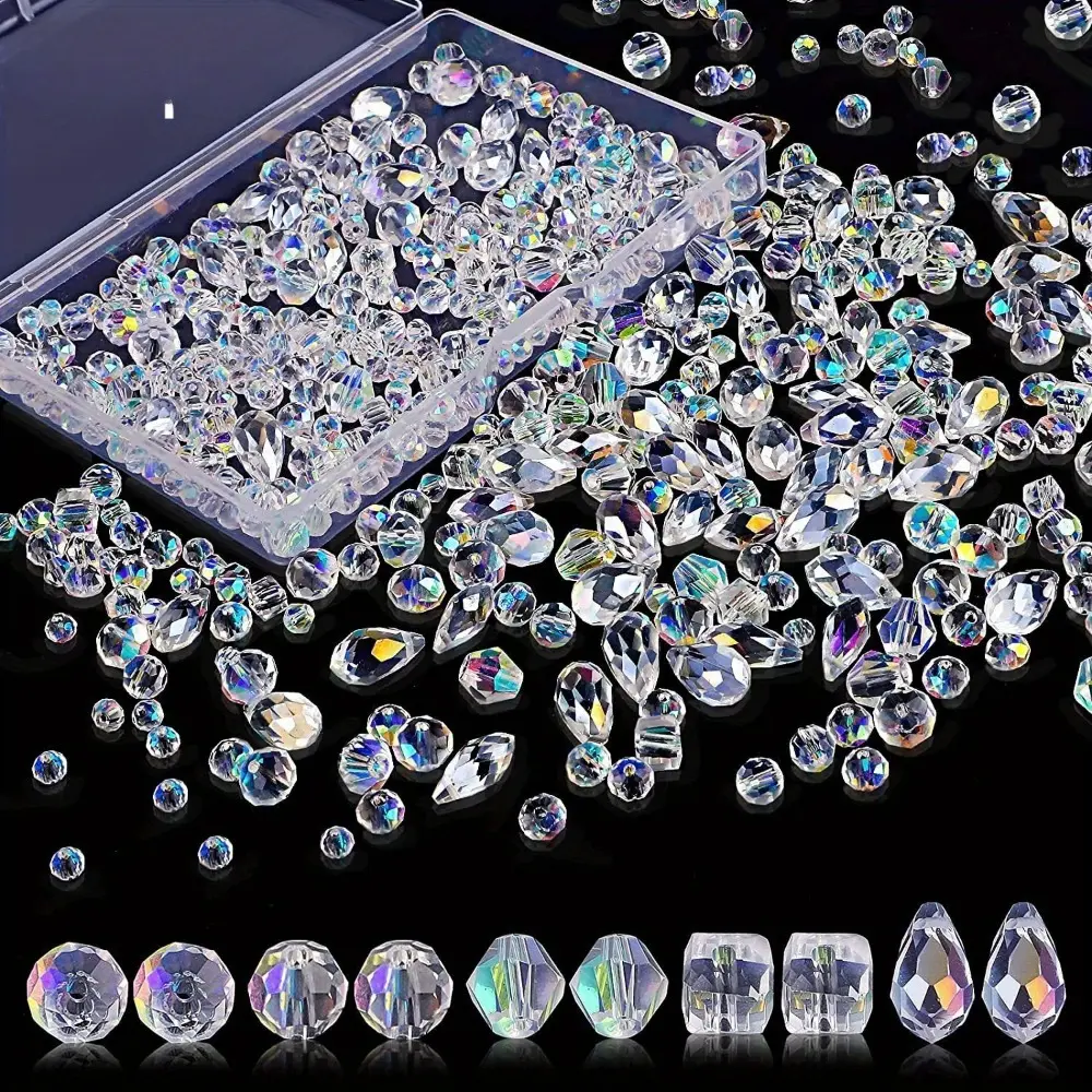 Iridescent Crystal Beads Assortment, 600 Pieces AB Transparent Beads with AB Shine in a Box Set for DIY Fashion Jewelry Making and Art Crafts, Crafting, All Skill Levels