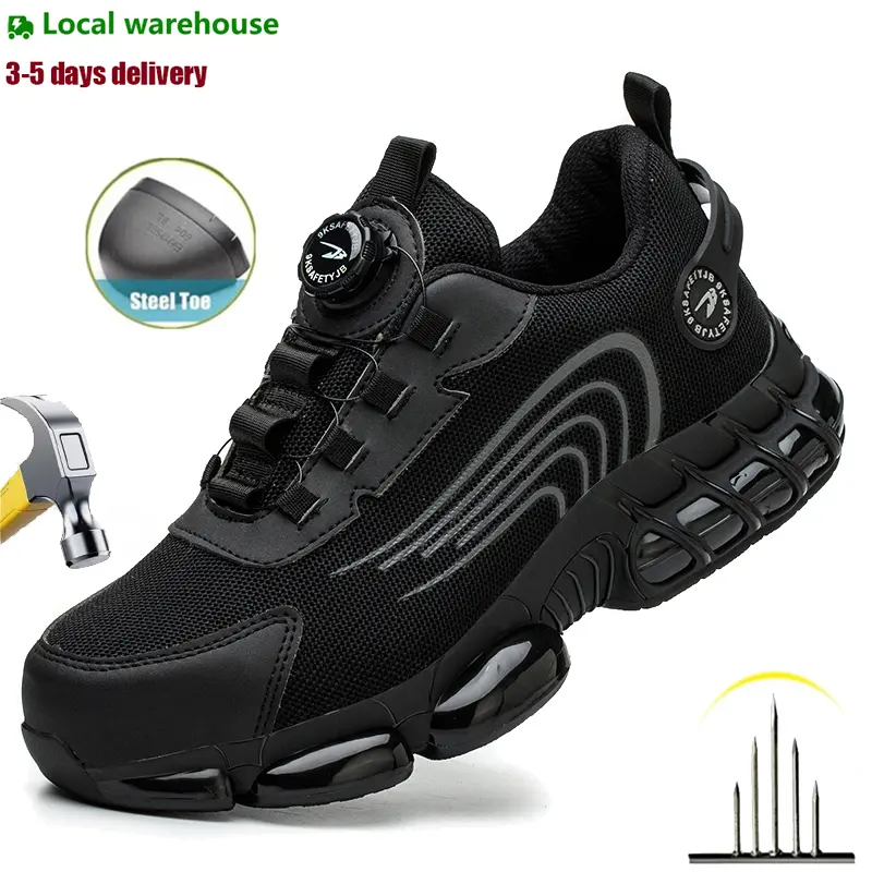 Men's Steel Toe Safety Boots with Rotary Buckle, Lightweight Breathable Mesh Work Footwear, Anti-Puncture & Nonslip for Construction