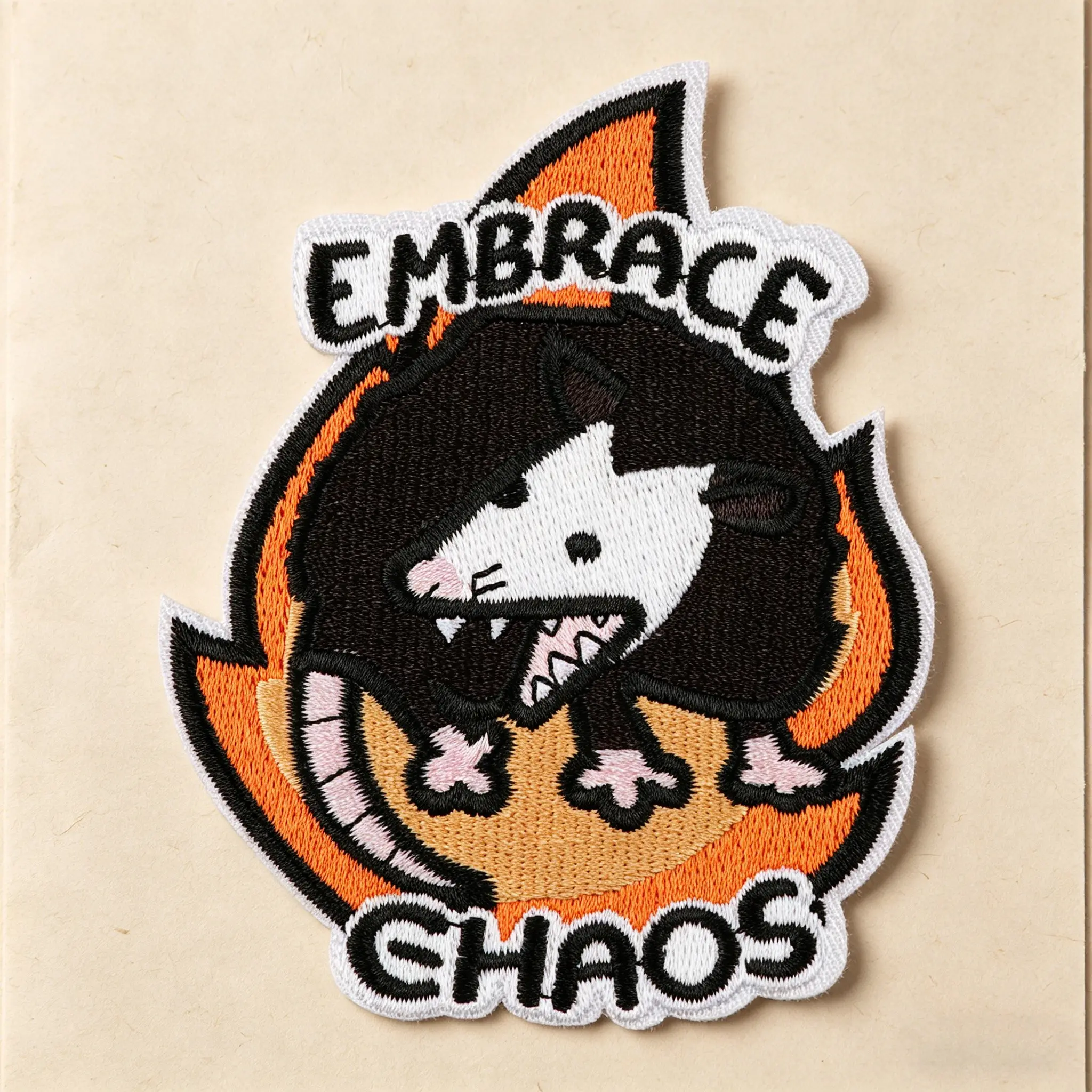 Embrace Chaos Flame Possum Embroidered Patch, Lettered Embroidery, Adhesive Iron-On, Suitable for Clothes, Jackets, Hats, Accessories, Applique Patches, 1 Piece