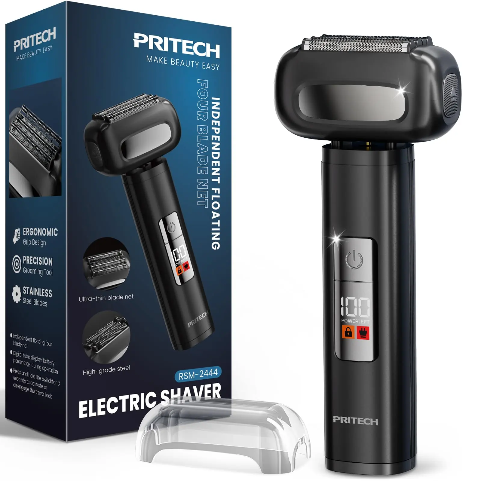 PRITECH Electric Foil Shaver for Men, Electric Razor for Men Face, Skin-Friendly Design, Wet & Dry Waterproof, Easy Clean, Rechargeable LED Display