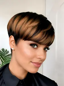 pixie cut human hair wigs Party holidays gift wig pixie cut wig ﻿brown burgundy natural black color short straight human hair wig machine made for women daily party cosplay gift use