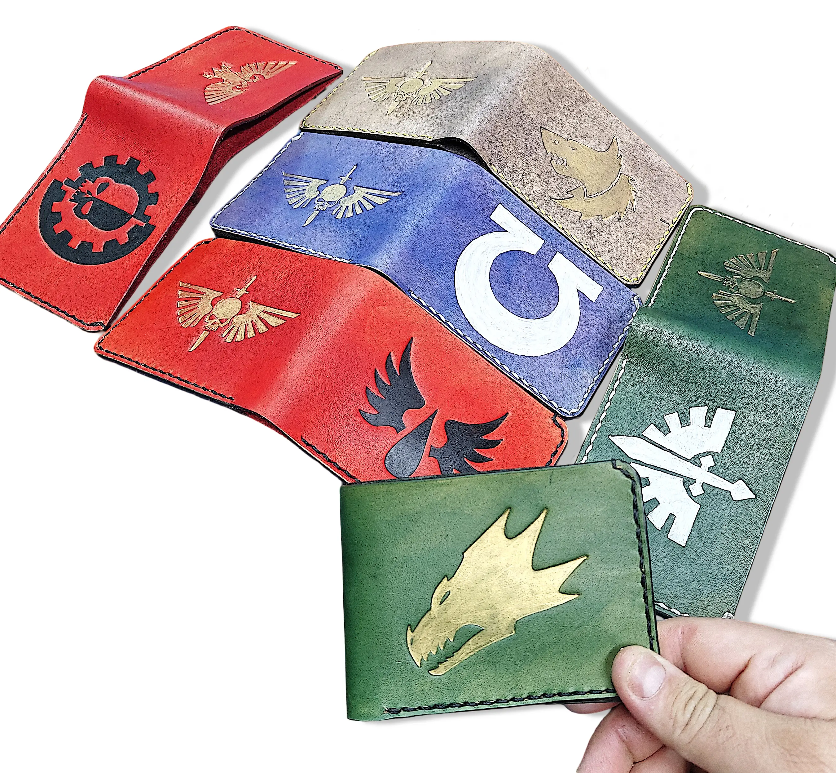 JP Leathercraft Warhammer 40k Bifold Wallet Handcrafted Vegetable Tanned Leather Durable Design 8+ Card Capacity Hand Painted Brass Stamp