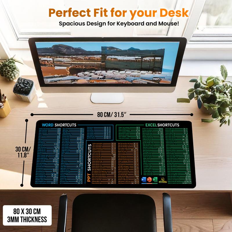Word/PPT/Excel Shortcuts Mouse Pad - Extended XL Office Keyboard Mat, Excel Mouse Pad Shortcuts, Stitched Edges | Non-Slip Base excel Cheat Sheet Desk Pad (31.5x11.8) Inch