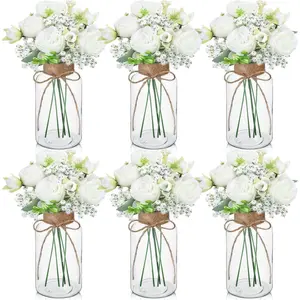 6 Sets Mason Jar Table Centerpiece with Artificial Peony 's Breath Flower Centerpieces Faux  with Rope for Wedding Reception Engagement Bridal Shower Rustic Table Decor(White)