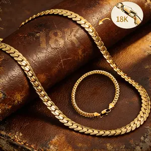 2 pieces/set:18K gold-plated necklace Cuban chain necklace and bracelet set flat chain necklace universal for both men and women thick hip-hop style necklace width 5 mm length 20/22/24 inches size 8-inch bracelet suitable for men’s and women’s accessories