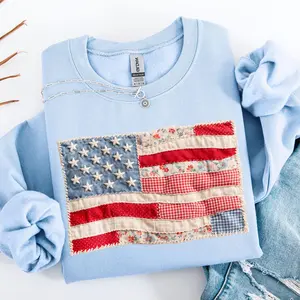 FAUX Patchwork - Printed American Flag 4th of July Graphic Sweatshirt, 250th Years Independence Day Mothers day Sweatshirts for Men & Women