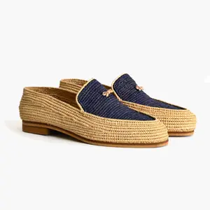 Handcrafted Beige and Blue Natural Raffia Shoes with Bow Detail