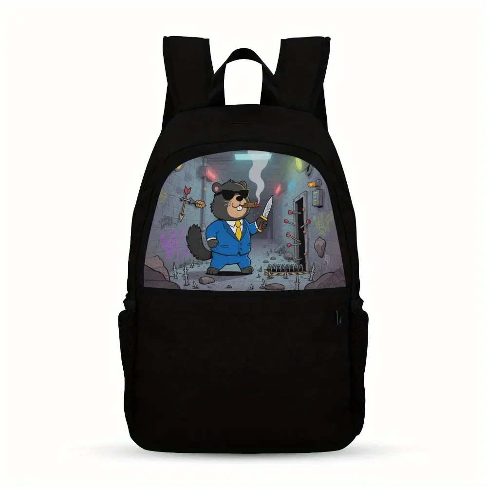 One Casual Backpack Featuring a Gangster Groundhog, Designed for Teenagers. It Is Lightweight with a Large Capacity, Adjustable Straps, Made from Black Nylon Fabric, And Has a Easy Cartoon Design. The Upper Part Is Printed