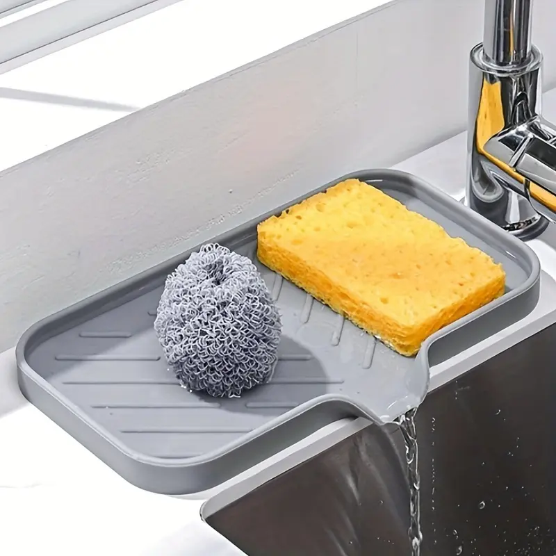 1pc Silicone Kitchen Sink Organizer - Water Splash Proof Soap Dish Holder With Drain Tip, Countertop Scrubber Pad For Sponges & Brushes, Home Bathroom Essentials