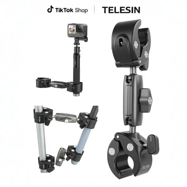 TELESIN 360 Dual Ball Clamp Mount, Bike Bicycle Motorcycle Handlebar Stick Pole Mount Holder Accessories for DJI Action 6/5/4/3, GoPro Mission 1 PRO, Hero 13 12, Insta360 Luna Ultra 360 X5, Xtra Muse