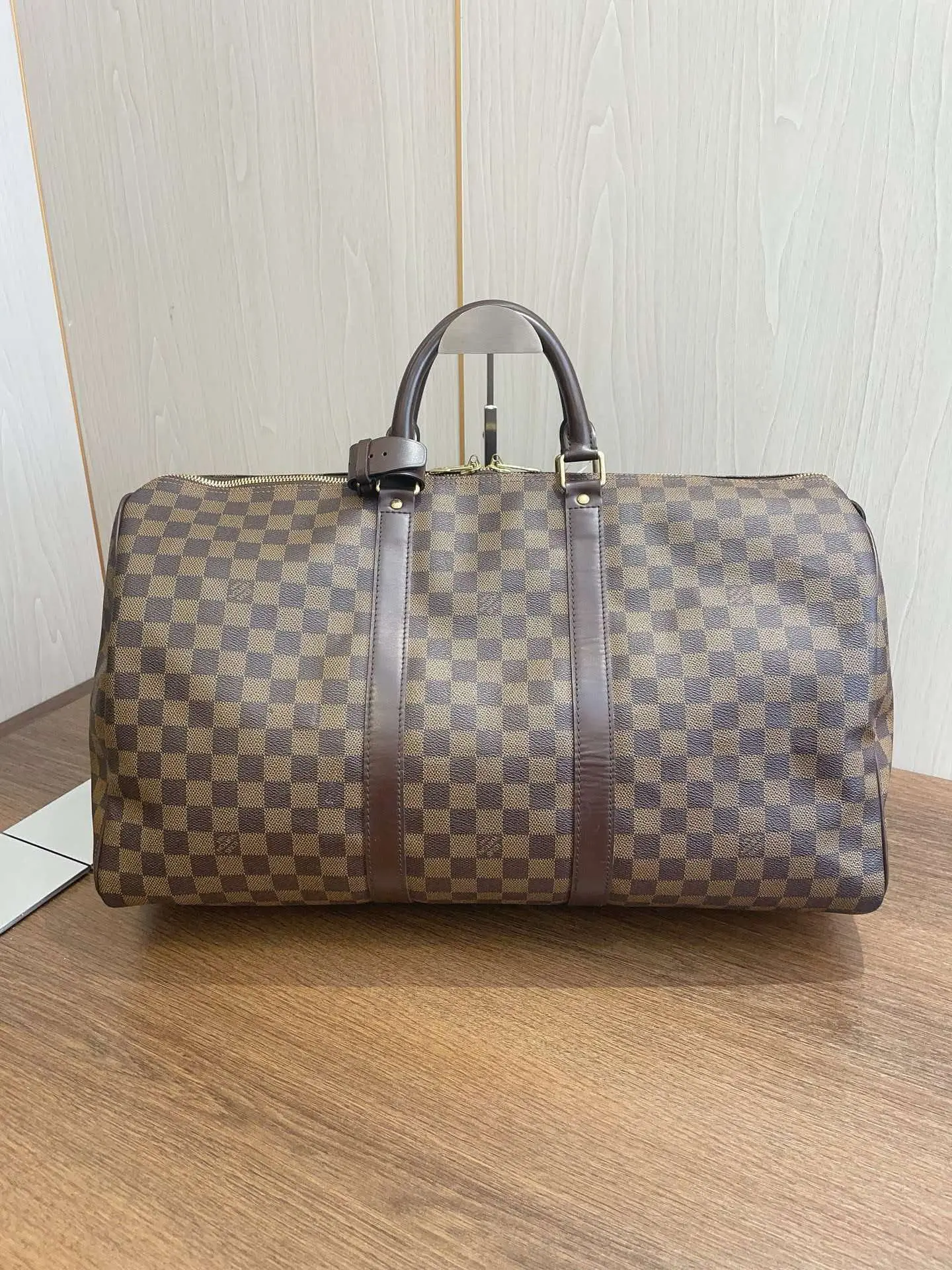 Pre-owned Louis Vuitton coated canvas Travel Bags Keepall Bandouliere 50 Damier Ebene 【BF 12Z】 YS1563