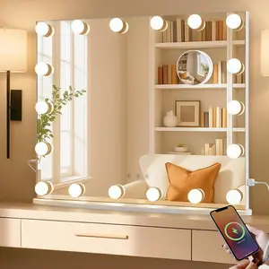 Hoodink Hollywood Vanity Mirror with Lights 15 Dimmable Bulbs 3 Color Lights Make Up Lighted Mirror Aluminum Metal Frame USB Charging Port 23 x 18 inch