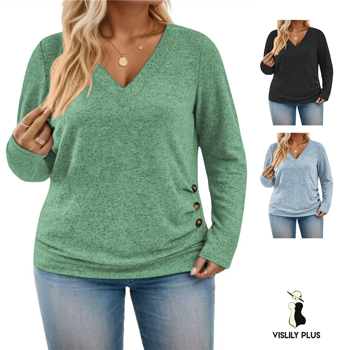 Women's Plus Size V Neck Long Sleeve Tops Fall Winter Elegant Oversized Loose Fit Side Button Blouses Tunic Clothing T-shirts for Women Trendy Casual Soft Stretchy knit Fashion Curve Womenswear pullover sweater XL-5XL RPS2168