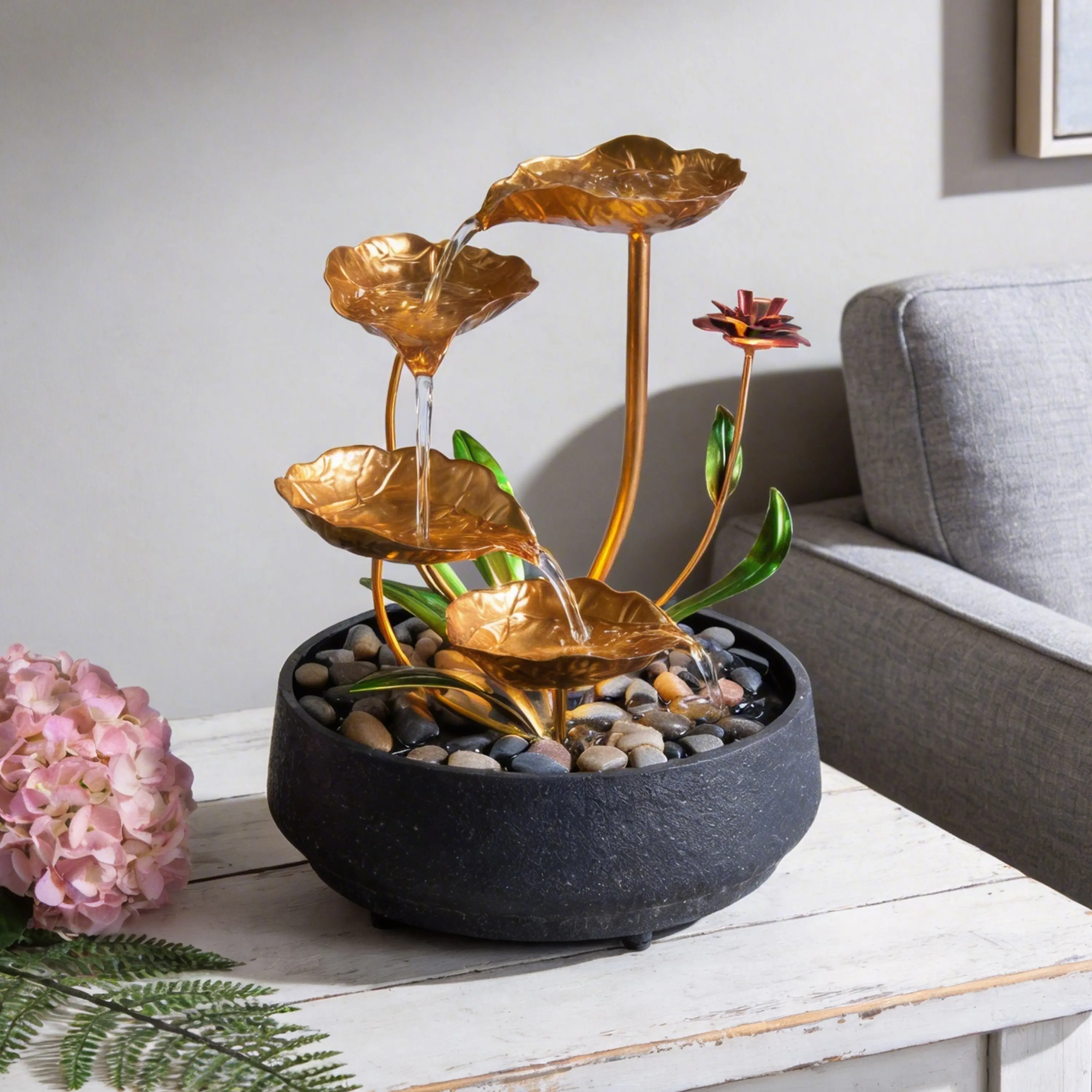 Modern Decorative Metal Lotus Circulating Tabletop Fountain Gift Set, Warm Yellow Ambient Light Water Feature, Gentle Flow for Tranquil Zen Atmosphere, Mini Decor to Light Up Your Space for Office & Living Room