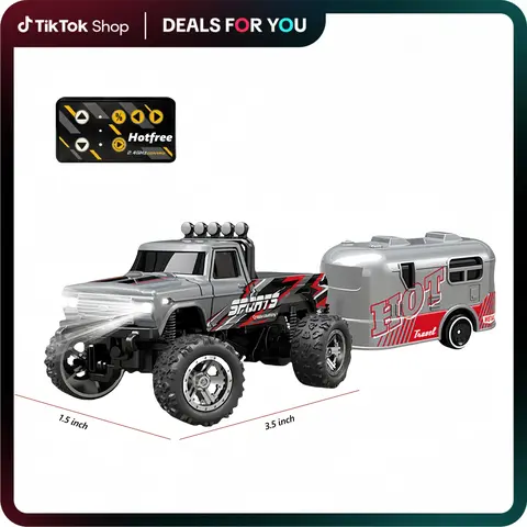 Hotfree 1/64 Mini RC Monster Truck Crawler, Metal Body Off‑Road RC Stomper with Trailer, 2.4GHz Remote Control, 3‑Speed Adjustable, USB‑C Rechargeable, LED Lights, Indoor Outdoor Desktop RC Car Toy, Christmas Birthday Gift for KIds Boys