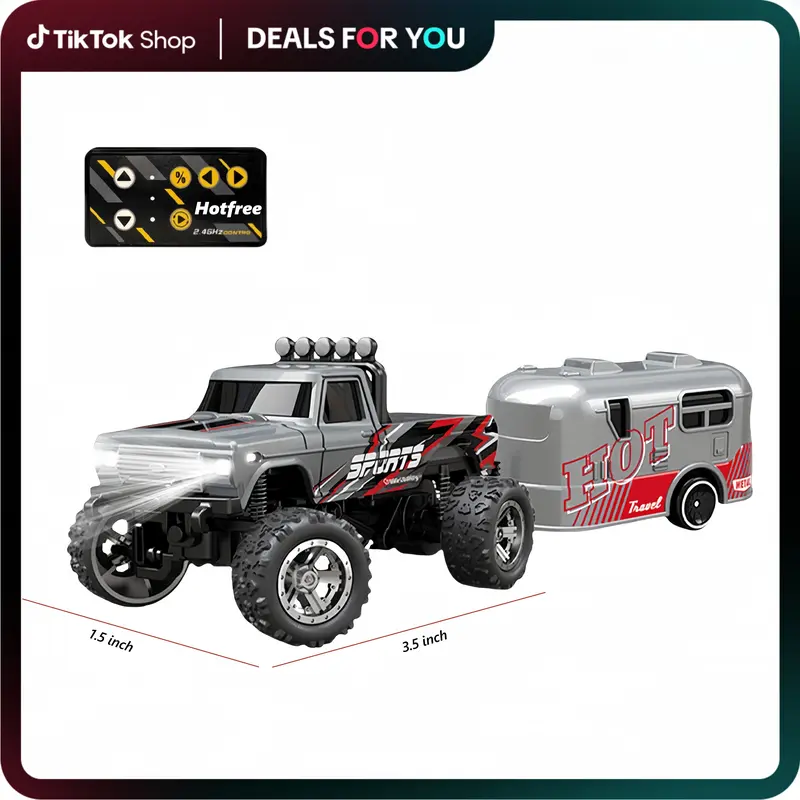 Hotfree 1/64 Mini RC Monster Truck Crawler, Metal Body Off‑Road RC Stomper with Trailer, 2.4GHz Remote Control, 3‑Speed Adjustable, USB‑C Rechargeable, LED Lights, Indoor Outdoor Desktop RC Car Toy, Christmas Birthday Gift for KIds Boys
