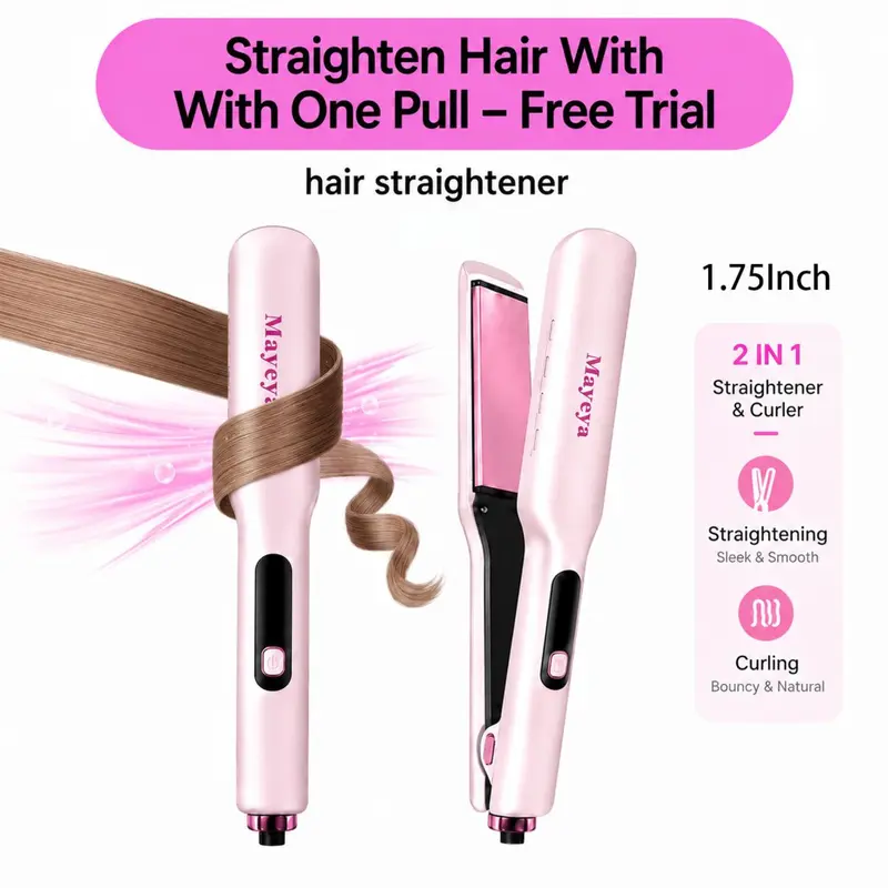 Mayeya 2-in-1 Lightweight Ceramic Hair Straightening & Curling Comb - Daily Hair Styling Tool, 10s Heat-Up, 1-in Barrel, 3 Adjustable Heat Settings, Max 450°F (232°C), Universal, Pink, 3936, For Blowout Looks