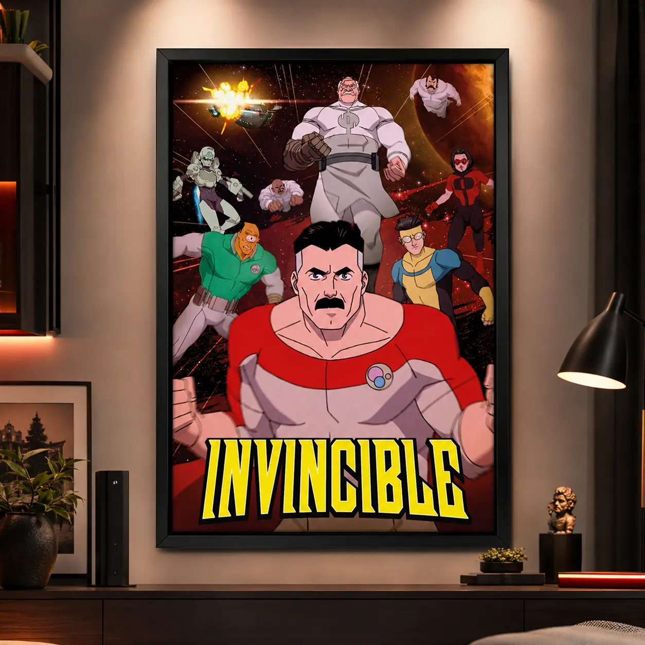 Invincible Omni-Man Group Poster, Animated Superhero Canvas Print, Comic Book Wall Art for Bedroom, Dorm and Game Room Decor