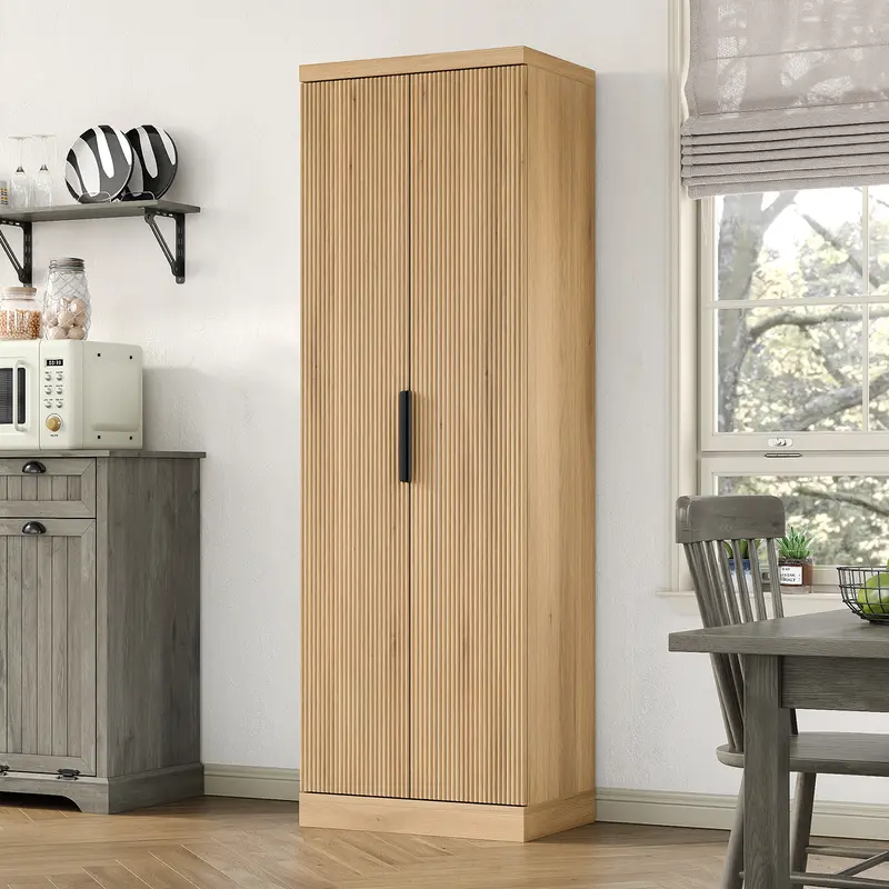 FUSOU 71'' Tall Storage Kitchen Pantry Cabinet with Adjustable Shelves&Fluted Door, 5-Tier Cabinet for Living Room Kitchen Dinning Room Bedroom, Oak
