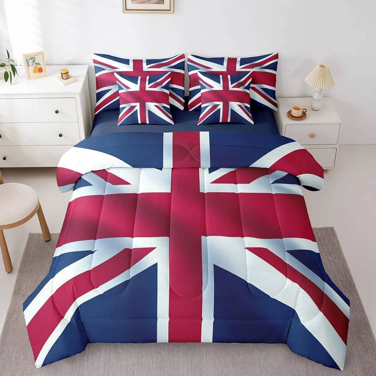 Union Jack Bedding Set,Retro United dom Flag Comforter Set for Kid Boys Girls,Vintage London (Comforter+Fitted+Flat Sheet+2 Pillowcases+2 Throw Pillow Covers) 7 Pieces Bed Set