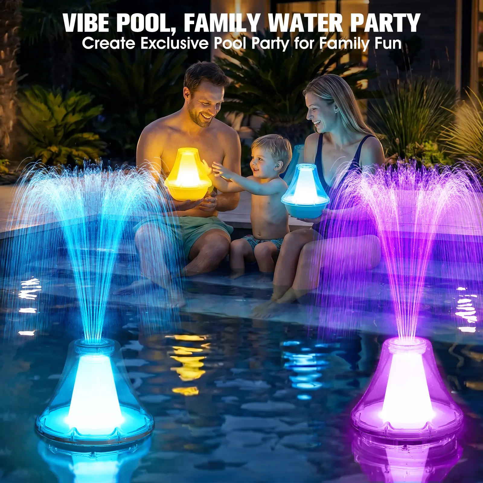 UniWater Rechargeable RGB Floating Pool Fountain, 3 Spray Modes Pool Water Fountain with 4500mAh Battery, Anti-Drift Anchor, Suitable for Above Ground & Inground Swimming Pools, White