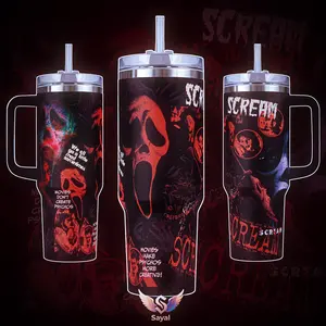 SCREAM Ghostface HORROR SLASHER Movie Graphic Sayal 40 oz Vacuum Insulated Cup Straw Keeps Drinks Hot Cold 12H+ For Horror Lovers & Dark Aesthetic Vibes Slasher Style Splash-Proof 18/8 Steel Comfort Handle Mug For Fans Valentine's Day