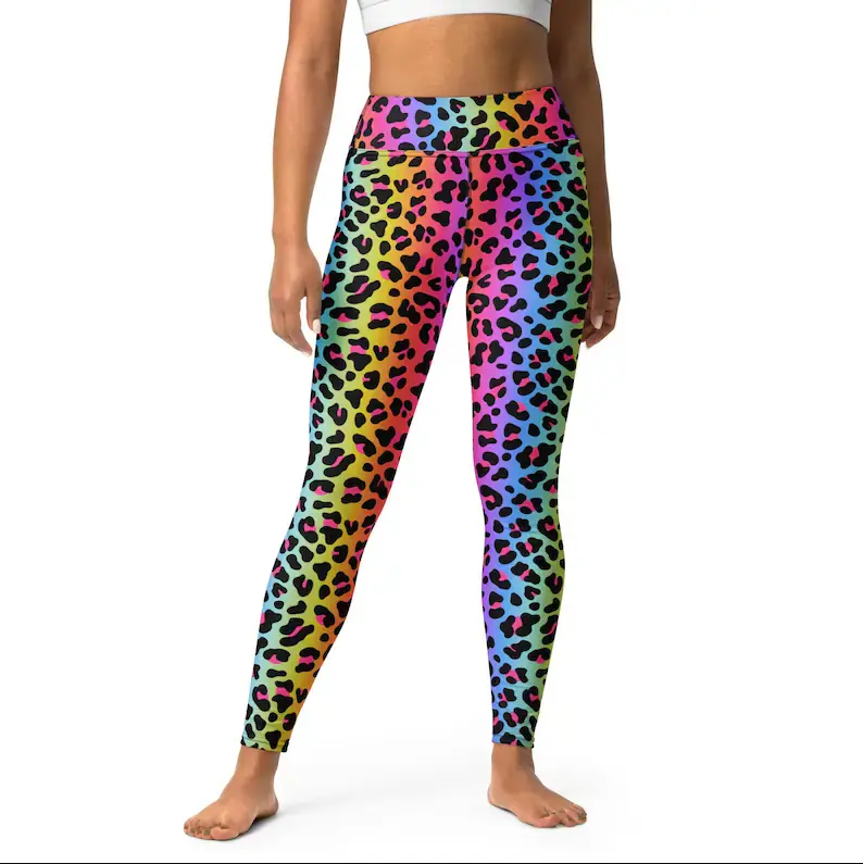 Colorful Rainbow Leopard Print Leggings, Bright Neon Animal Pop Art Yoga Pants, Y2K Aesthetic Apparel