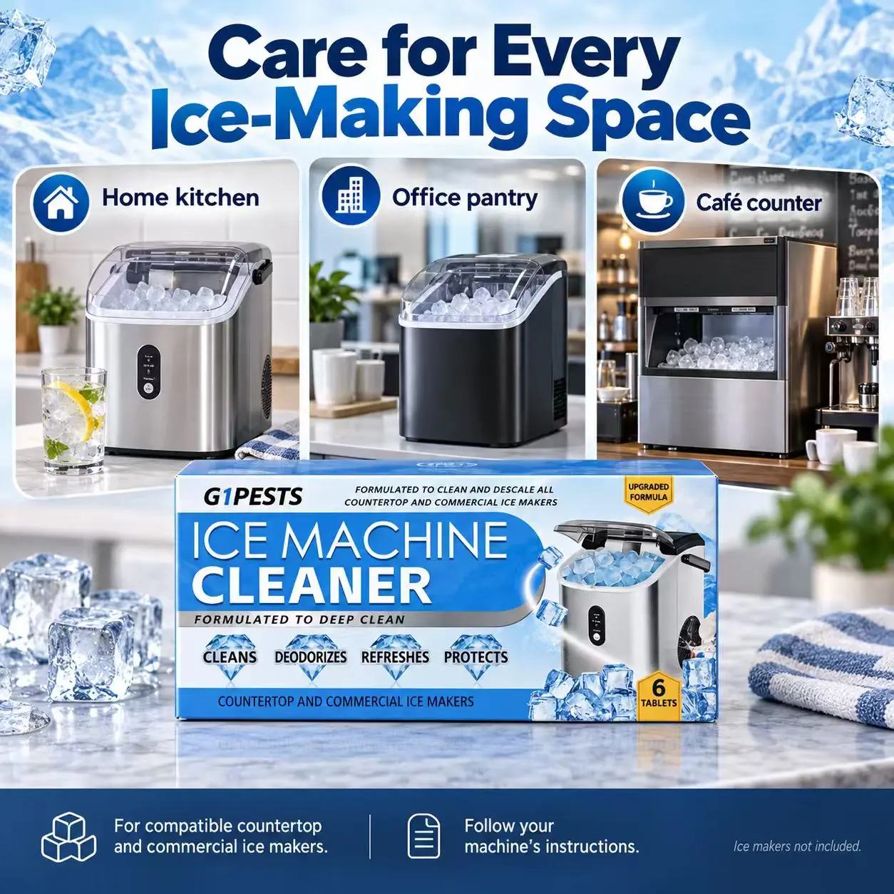 Ice Machine Cleaner Maker Descaler - Clean Tablets Compatible with Frigidaire, Opal, GE Profile, Kitchenaid, Nickel Safe Scale Remover for Countertop, Nugget Makers active