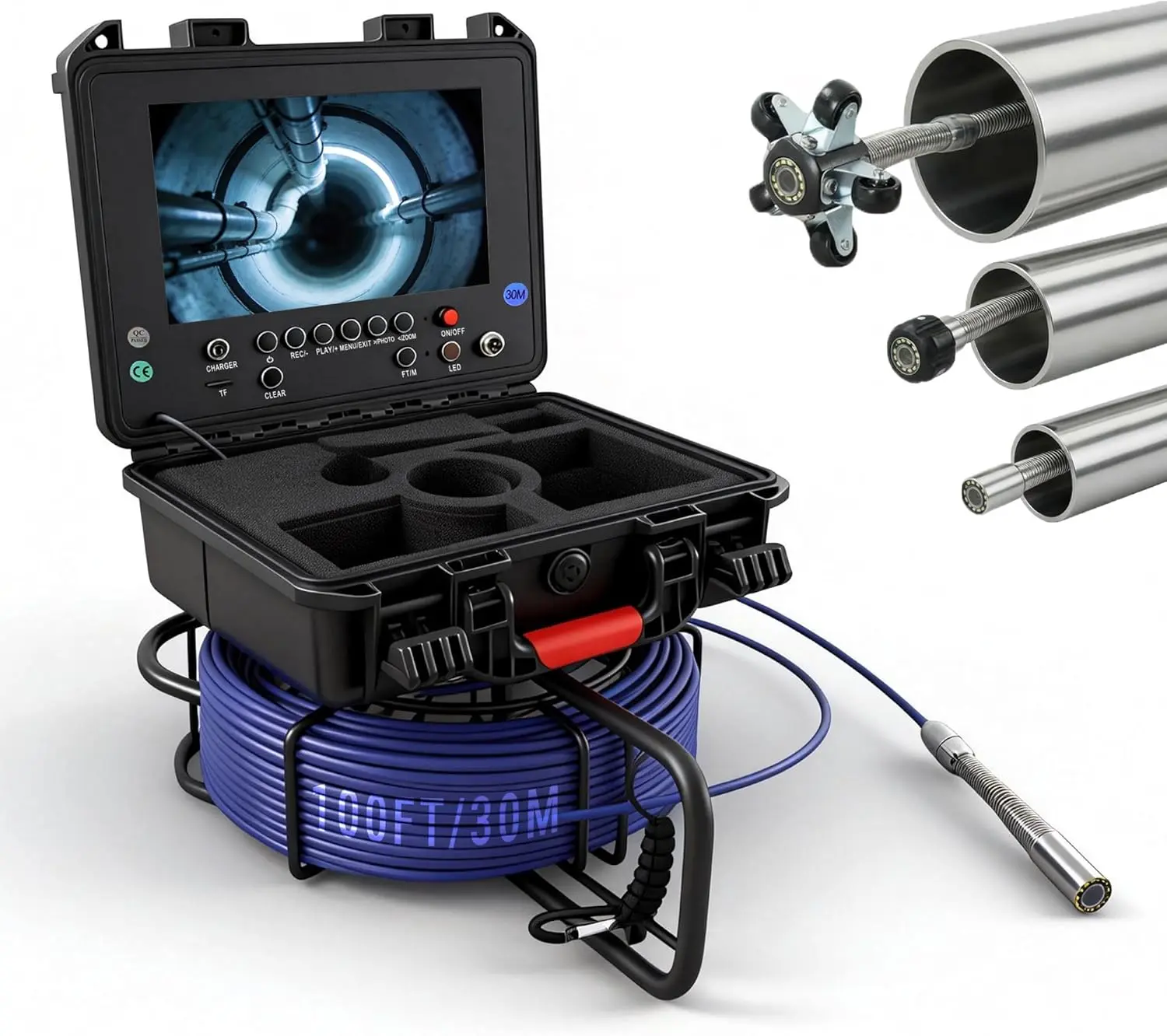 MAOTEWANG 9 in Self-Leveling Sewer Drain Inspection Camera, 100ft Fiberglass Rod, 512Hz Sonde & Ft Counter, 32GB TF Card Audio/Video DVR, 5X Zoom, 12 LEDs, IP68 Waterproof 23MM 1080P, 7MM Pipe Endoscope for Plumbing, ABS, Home Inspection, 1080P Hd
