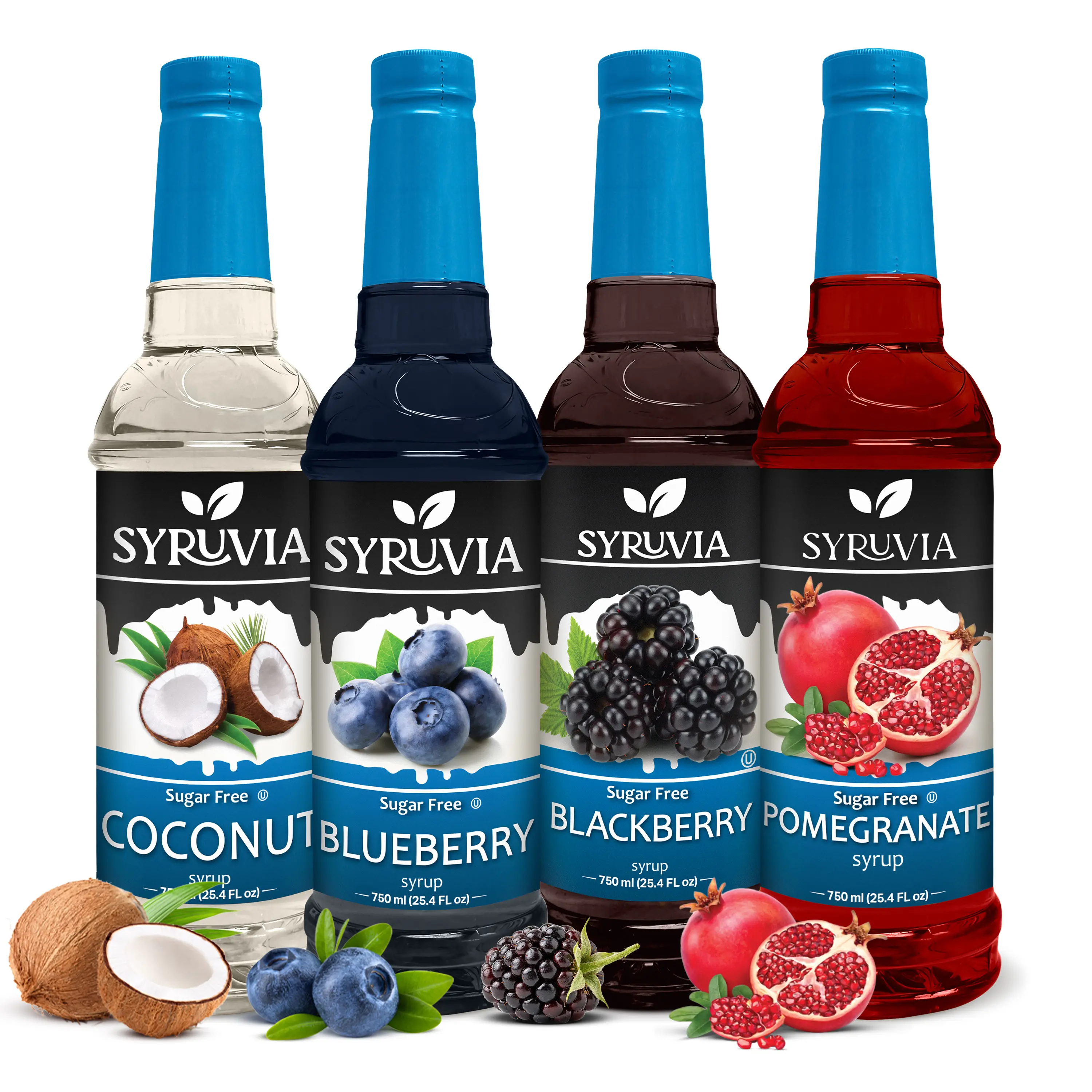 Syruvia Sugar-Free Fruity Sweet Flavor Fruit Syrup Variety Pack - Coconut, Blueberry, Blackberry, Pomegranate - Gluten-Free, Kosher, 25.4 fl oz (750ml) 4 Bottles - Ideal for Drinks, Lemonades, Berry Blend