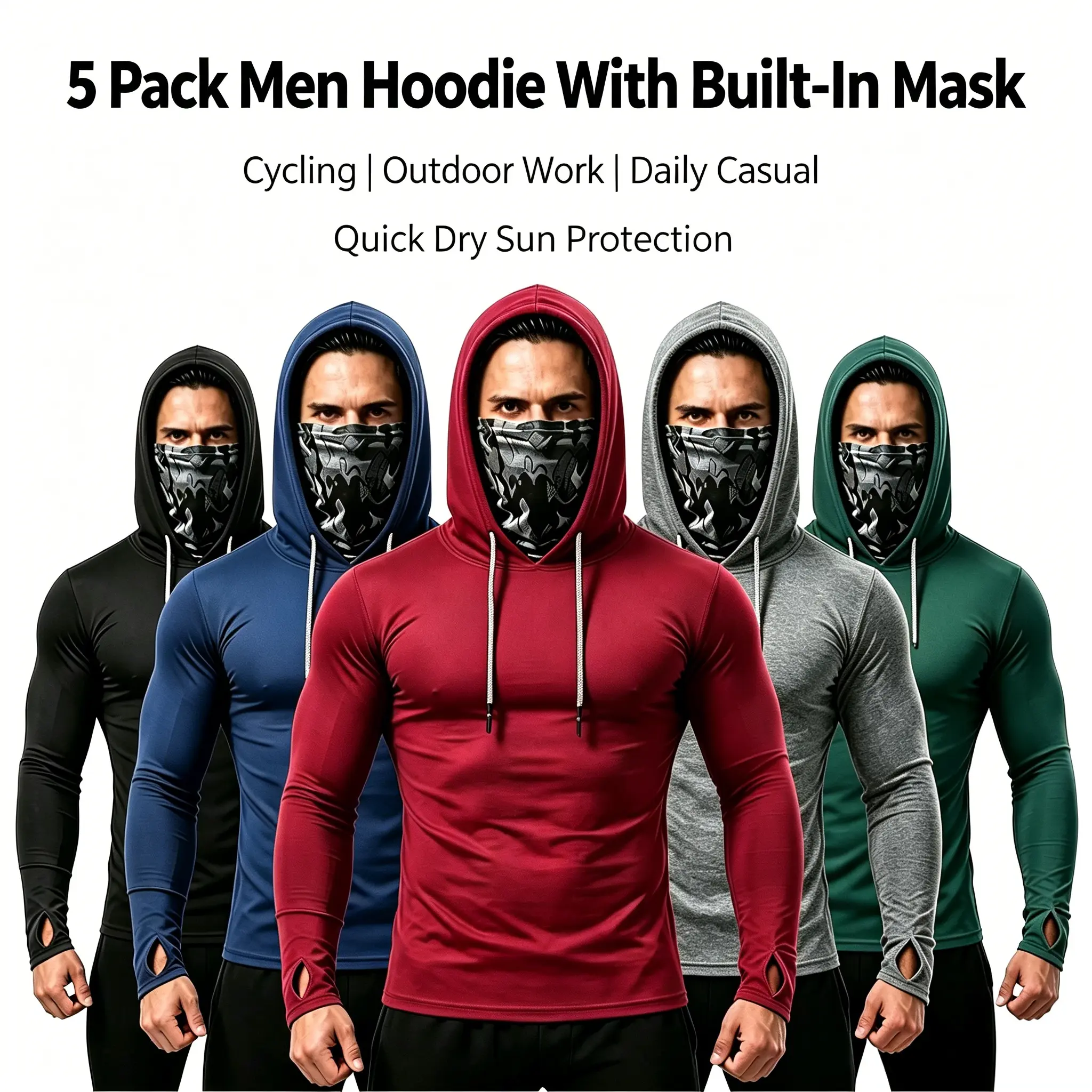 3/6-Pack Men's Sun Hoodie with Mask - Quick Dry Fishing Shirts Long Sleeve Outdoor Work Tactical Hiking Gear