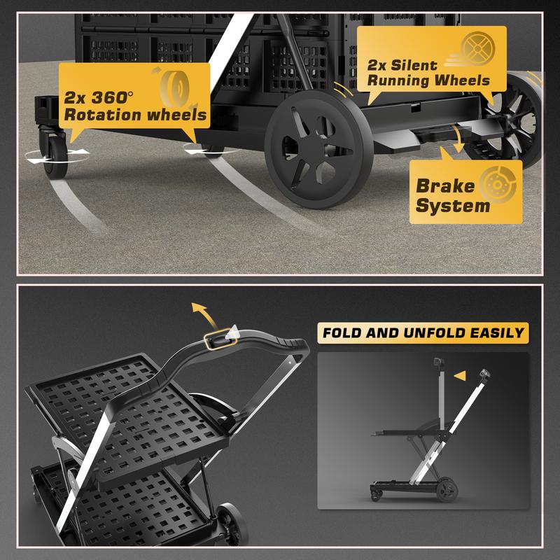 TOOLIOM Heavy-Duty Collapsible Utility Cart, 198Lbs Capacity Folding Trolley with 2 Removable Baskets, Adjustable Aluminum Frame & Quiet Rubber Wheels for Grocery Shopping, Office, Camping and Home
