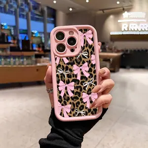 Pink leopard bow pattern, TPU anti-fall full cover protective case, suitable for iPhone17 Pro Max Plus Air/ 16 15 14 13 12 11 XS X and other series mobile phone cases, can be given as a gift to friends or family