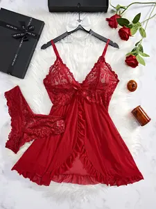 Women's 2pcs Contrast Lace Ruffle Hem Sleeveless Cami Nightdress & Lace Panty Set, Asymmetrical Hem Backless Nighty Dress & Knicker Two-Piece Lingerie Set, Ladies Summer Fitted Sleepwear Loungewear Set, Sleepwear Nightgown, Womenswear