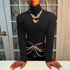 INCERUN Men's Heart Cutout Turtle Neck Sweater Slim Fit Ribbed Knitted Pullover Sexy Top for Club Date