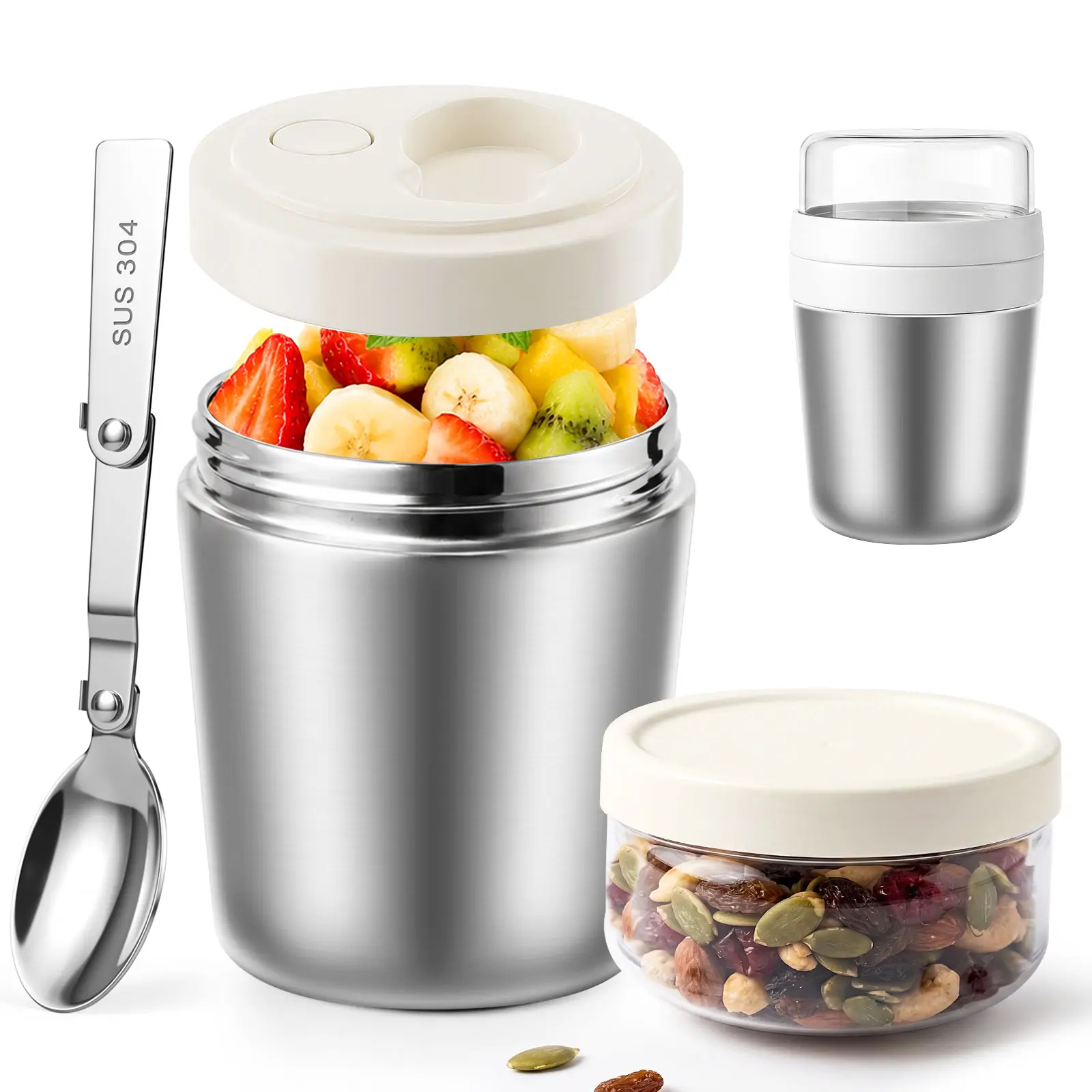 Greentainer Kitchen Stainless Steel Overnight Oats Container - 26 oz Airtight Leak-Proof Jar with Silicone Lid, Spoon, Topping Compartment (18+8 oz Split), Reusable for Yogurt Parfaits, Chia Pudding