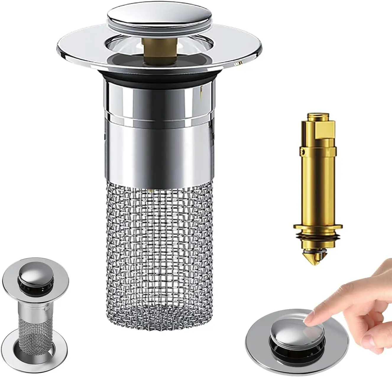 Stainless Steel‑Brass Pop‑Up Bathroom Sink Stopper, Anti‑Odor Hair Catcher Filter, Rustproof ABS Universal Drain Protector, Easy‑Clean Snug‑Fit Accessory to Prevent Bathtub & Sink Clogs and Sewer Smells
