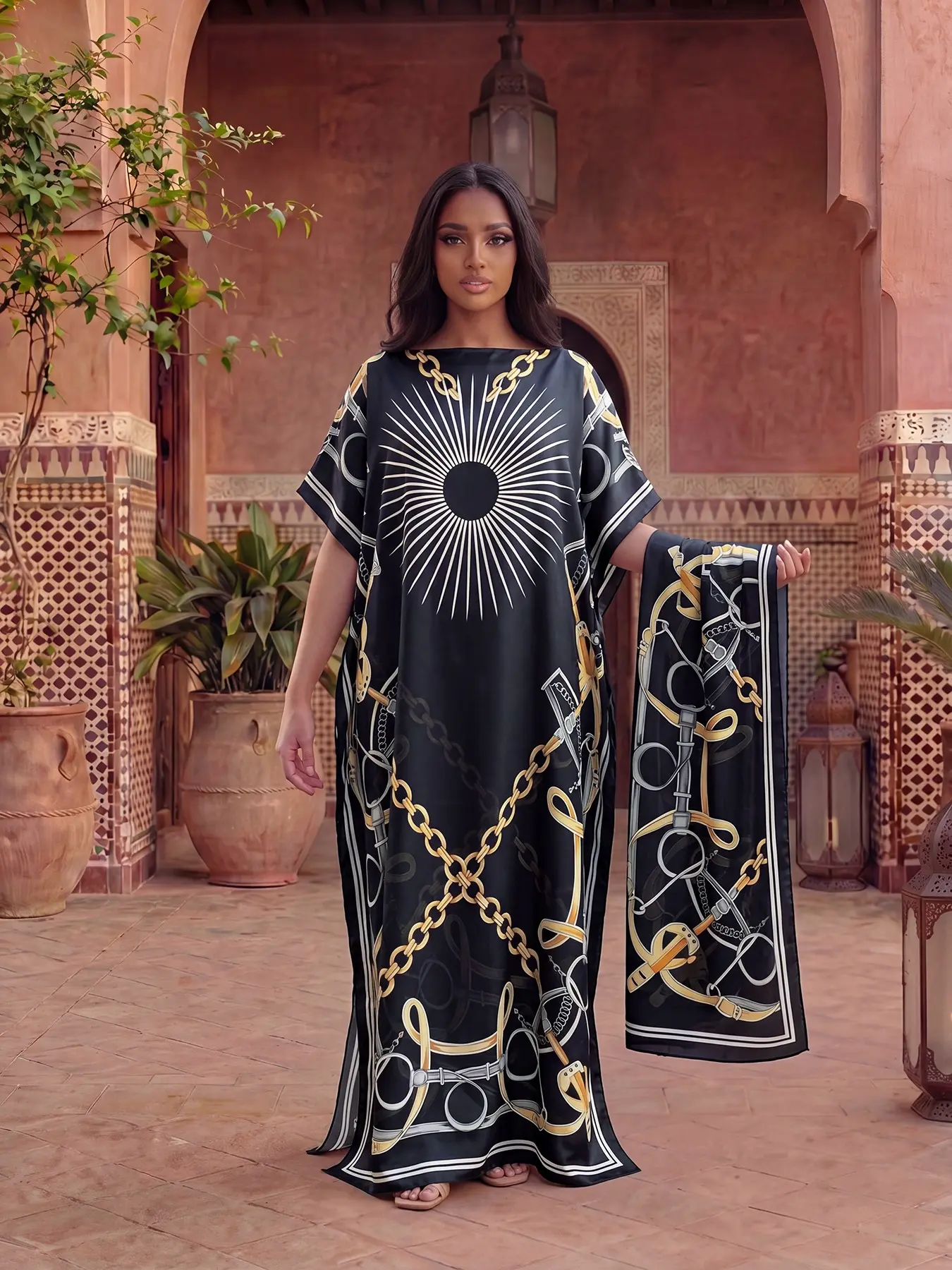 Moo Moo Long Dress Set with Colorful Chain Design, Printed Robe Hooded Scarf + Long Silk Tie, Women's Beach Sun Protection, Beachwear, Beach Cover Ups