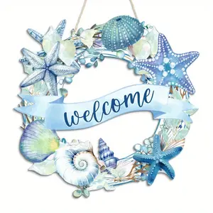 Ocean Beach Theme Wooden Hanging Wreath, Starfish Shell Seashell Coastal Decor, Nautical Welcome Sign Wall Art, Mediterranean Home Indoor Decoration