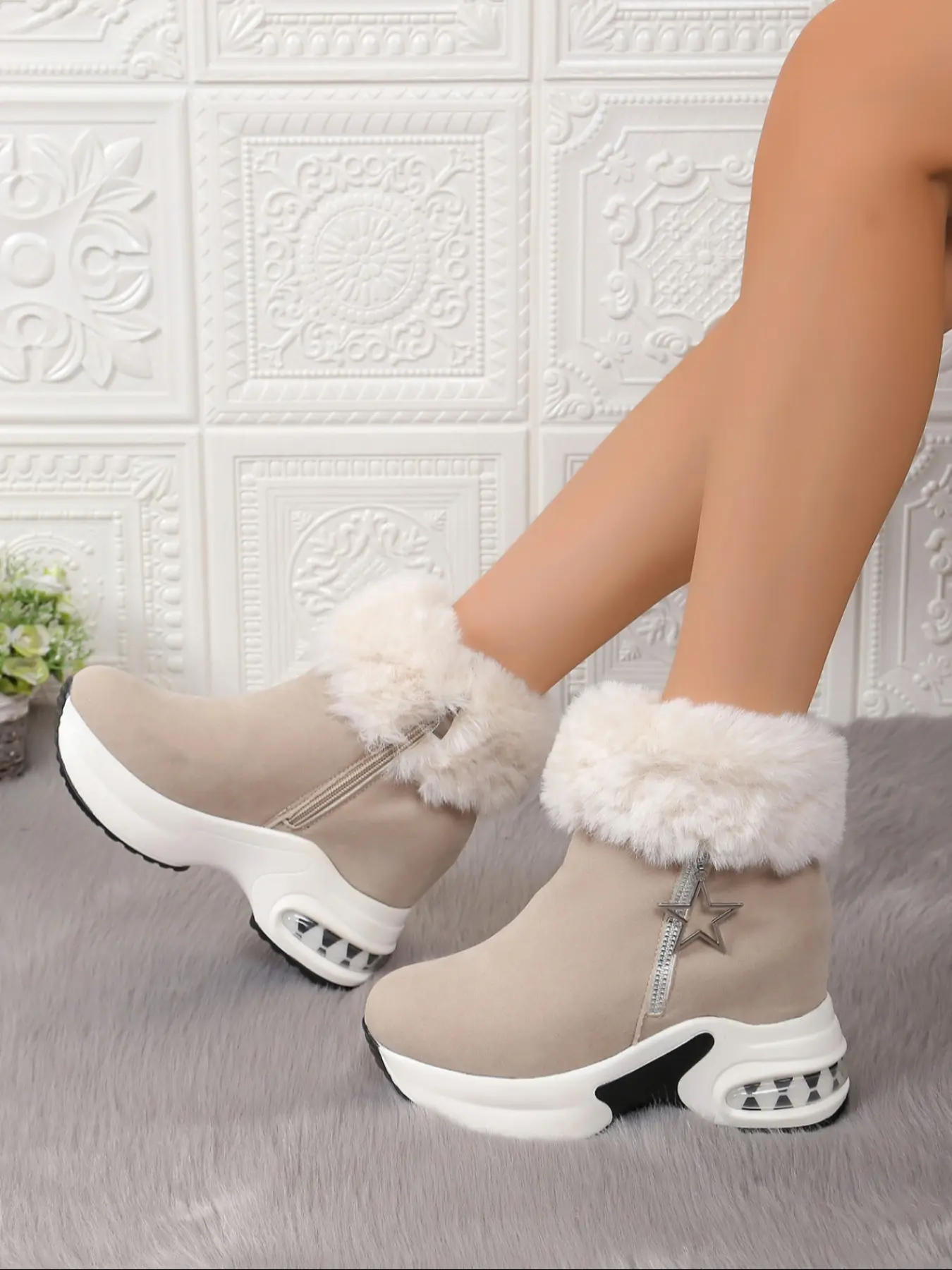 New Fleece Lined Thick Sole Short Boots, Plush Cuff Ultra Warm, Platform Heel Women's Boots, Sturdy Walking & Tall Look