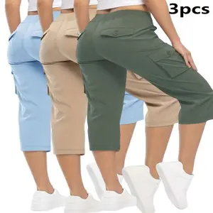 3pcs Women'S Plus-Size Fashionable Cargo Capri Pants for Summer, with Elastic Waistband And Pockets - Casual Sports Capri Pants, Breathable